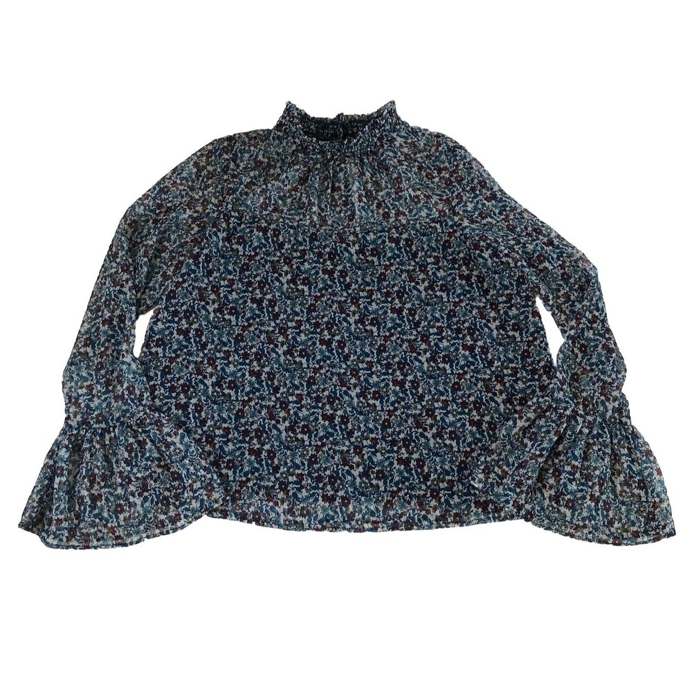 xhilaration Target Boho Smocked Mock Neck Bell Sleeve Floral Blouse Large